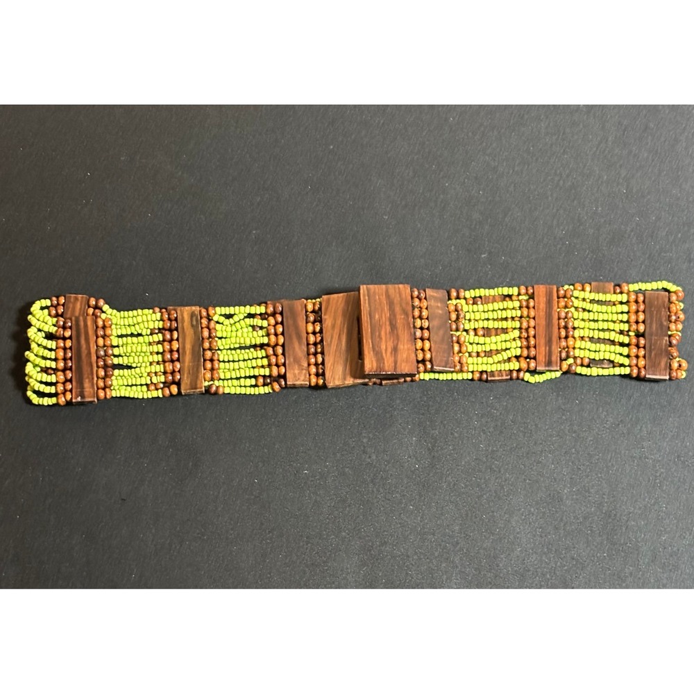 Bohemian Wood Lime Green Beaded Elastic Stretch Waist 32" Belt Wide Statement